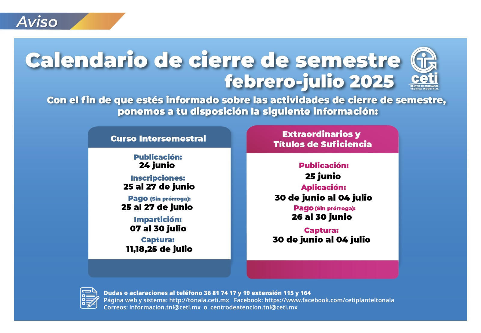 Calendario de cierre de semestre Feb-Julio 2025